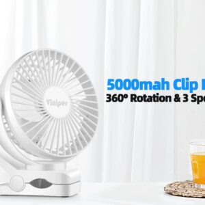 Viniper 6 inch Rechargeable Clip on Fan, 5000mah Battery Desk Fan : 360° Rotation & 3 Speeds Strong Wind Portable Fan, 8-30 Working Hours, Quiet and Powerful (White)