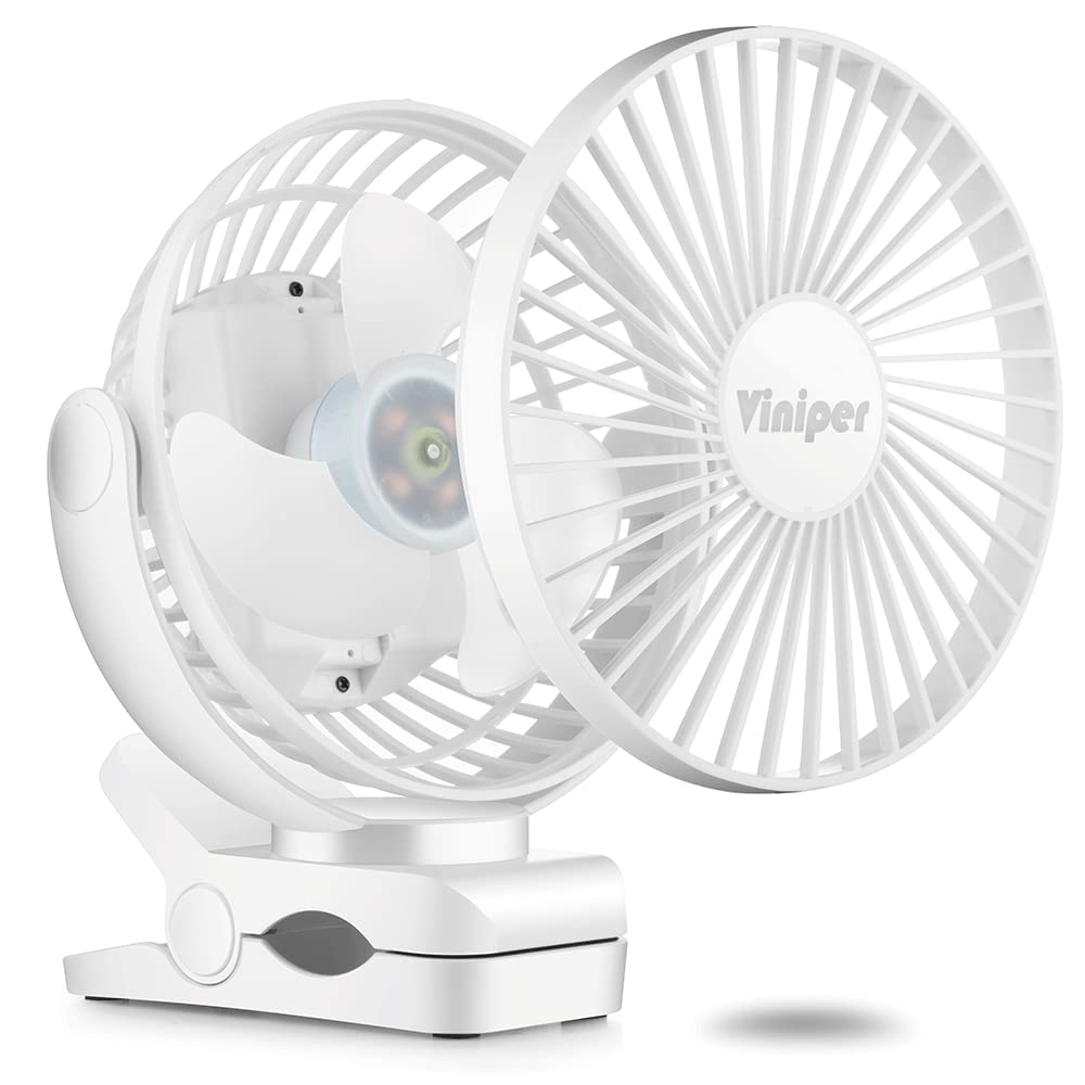 Viniper 6 inch Rechargeable Clip on Fan, 5000mah Battery Desk Fan : 360° Rotation & 3 Speeds Strong Wind Portable Fan, 8-30 Working Hours, Quiet and Powerful (White)