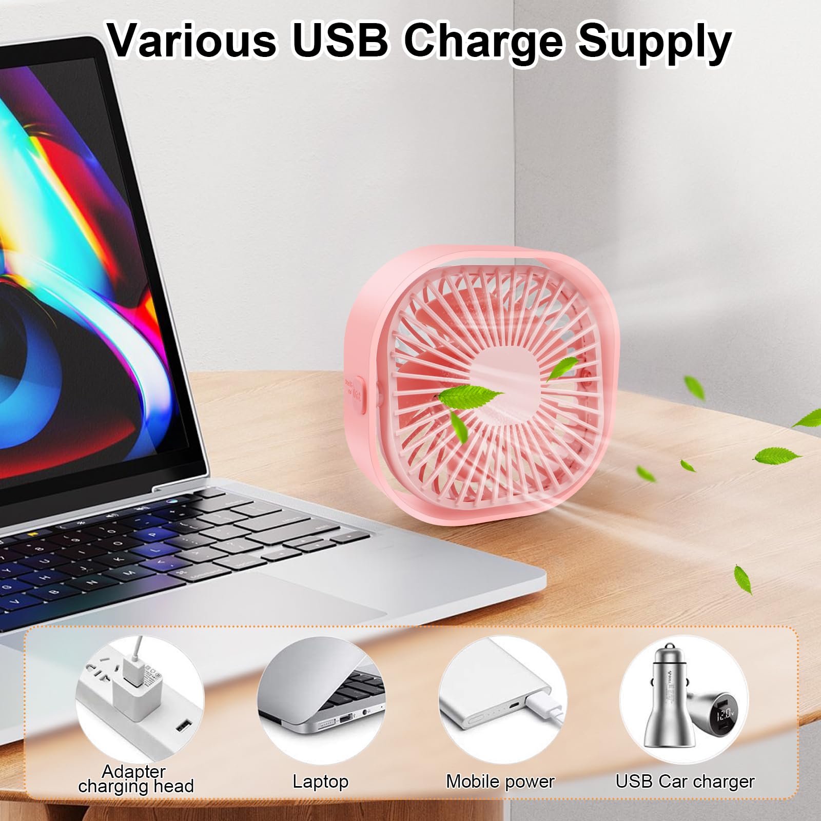 BSVI Desk Fan Portable Personal Desktop Mini Cooling Micro with Cable USB Powered 3 Speeds Quiet Small Table Fan for Home Office Study reading Bedroom Indoor Car Outdoor Travel