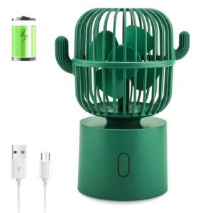 QearFun Cactus Desk Fan,Small Desk Fan Portable with USB Rechargeable Battery,80 Degree Rotation 3 Speeds Strong Wind Personal Fan for Home Bedroom Office Travel,Cactus Decor for Desktop & Car - Green