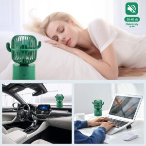 QearFun Cactus Desk Fan,Small Desk Fan Portable with USB Rechargeable Battery,80 Degree Rotation 3 Speeds Strong Wind Personal Fan for Home Bedroom Office Travel,Cactus Decor for Desktop & Car - Green