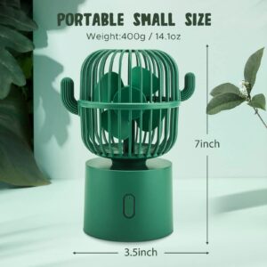 QearFun Cactus Desk Fan,Small Desk Fan Portable with USB Rechargeable Battery,80 Degree Rotation 3 Speeds Strong Wind Personal Fan for Home Bedroom Office Travel,Cactus Decor for Desktop & Car - Green