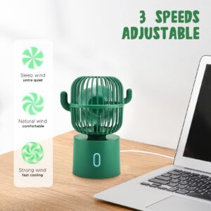 QearFun Cactus Desk Fan,Small Desk Fan Portable with USB Rechargeable Battery,80 Degree Rotation 3 Speeds Strong Wind Personal Fan for Home Bedroom Office Travel,Cactus Decor for Desktop & Car - Green