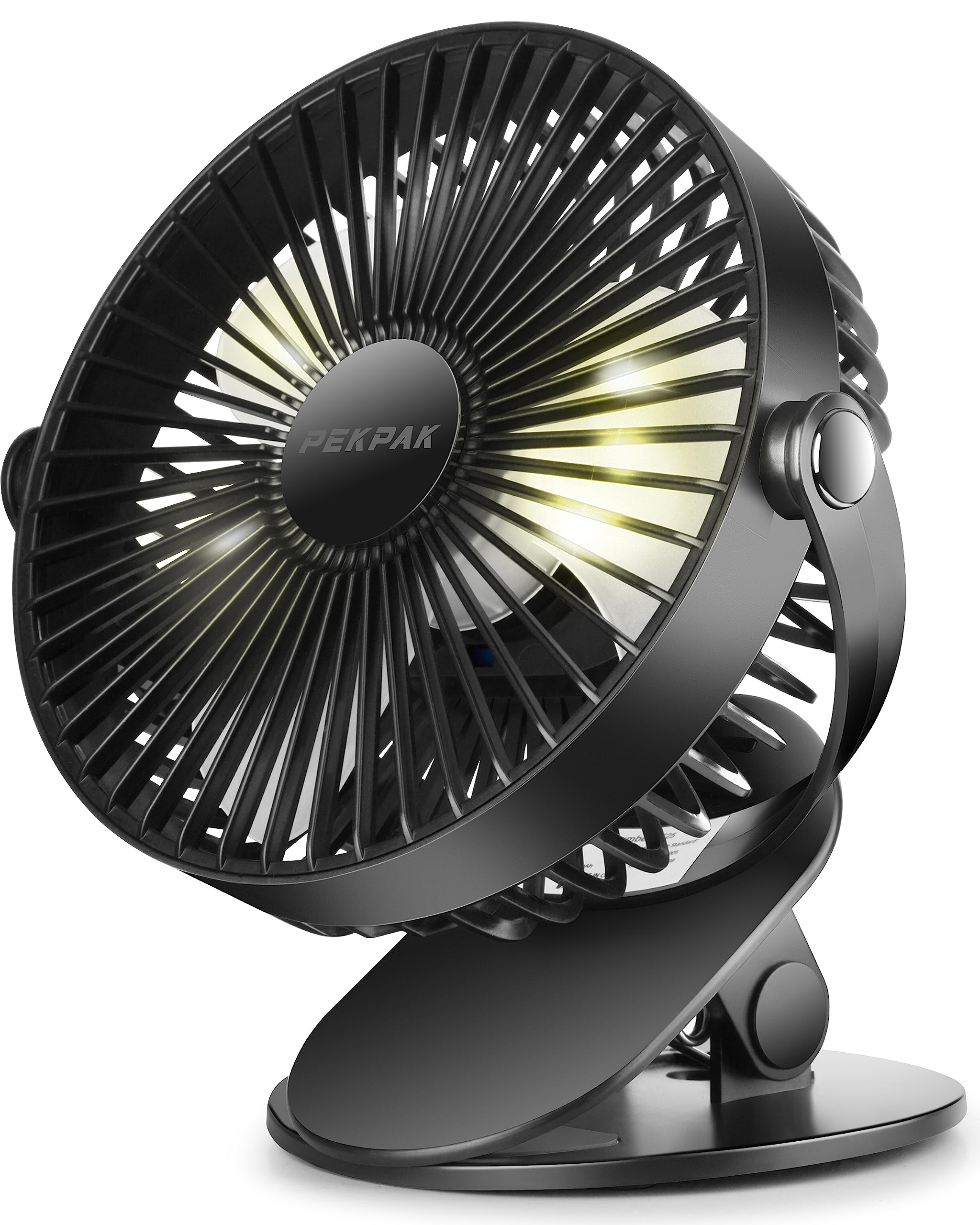 Clip on Fan,7 Inch 5000mAh Battery Operated Fan,Rechargeable Personal Fan,3 in 1 Desk Portable Usb Fan,LED Light,3 Speeds,720°Rotation for Travel/Stroller/Bed/Office/Camping/Dorm/Bedroom(Black)