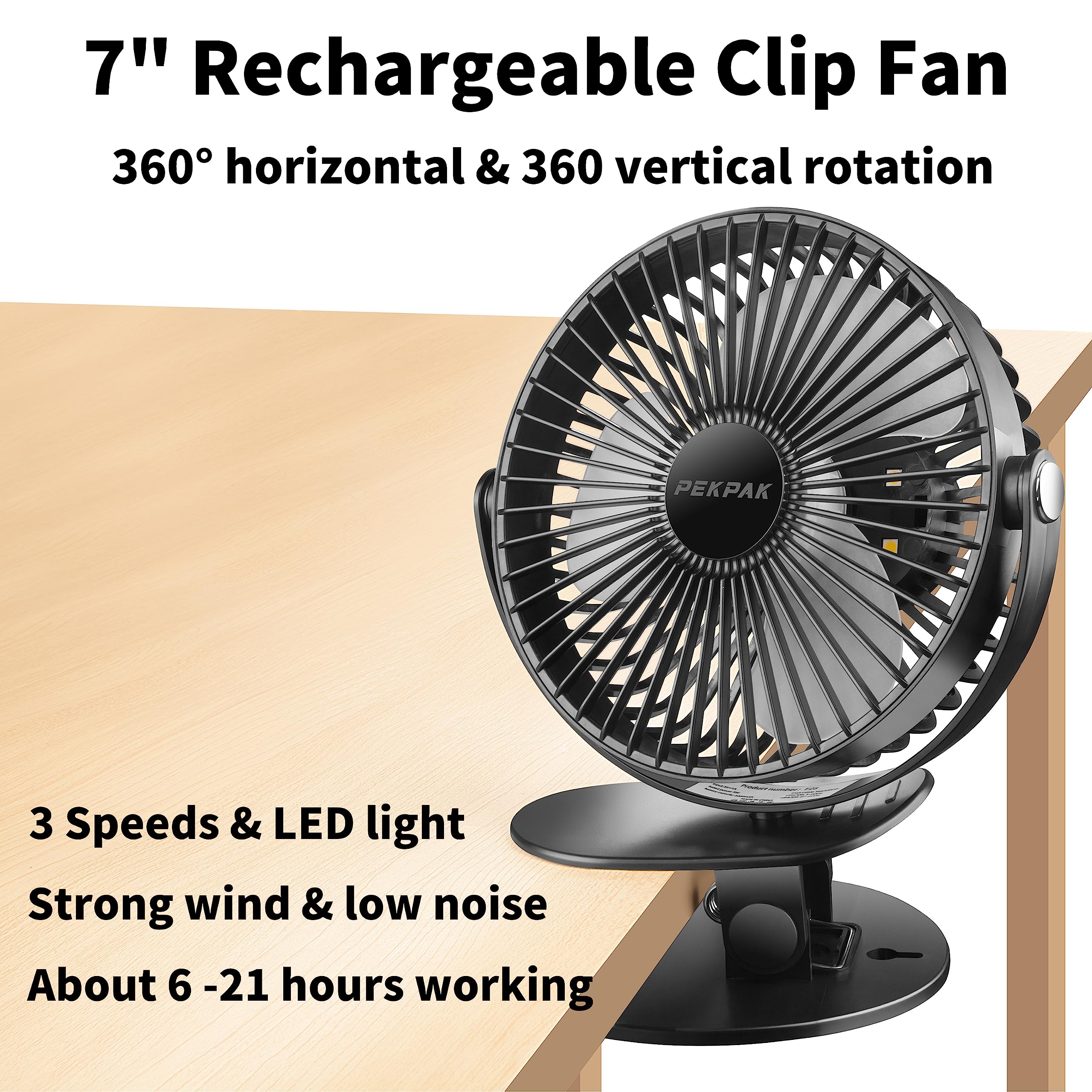 Clip on Fan,7 Inch 5000mAh Battery Operated Fan,Rechargeable Personal Fan,3 in 1 Desk Portable Usb Fan,LED Light,3 Speeds,720°Rotation for Travel/Stroller/Bed/Office/Camping/Dorm/Bedroom(Black)