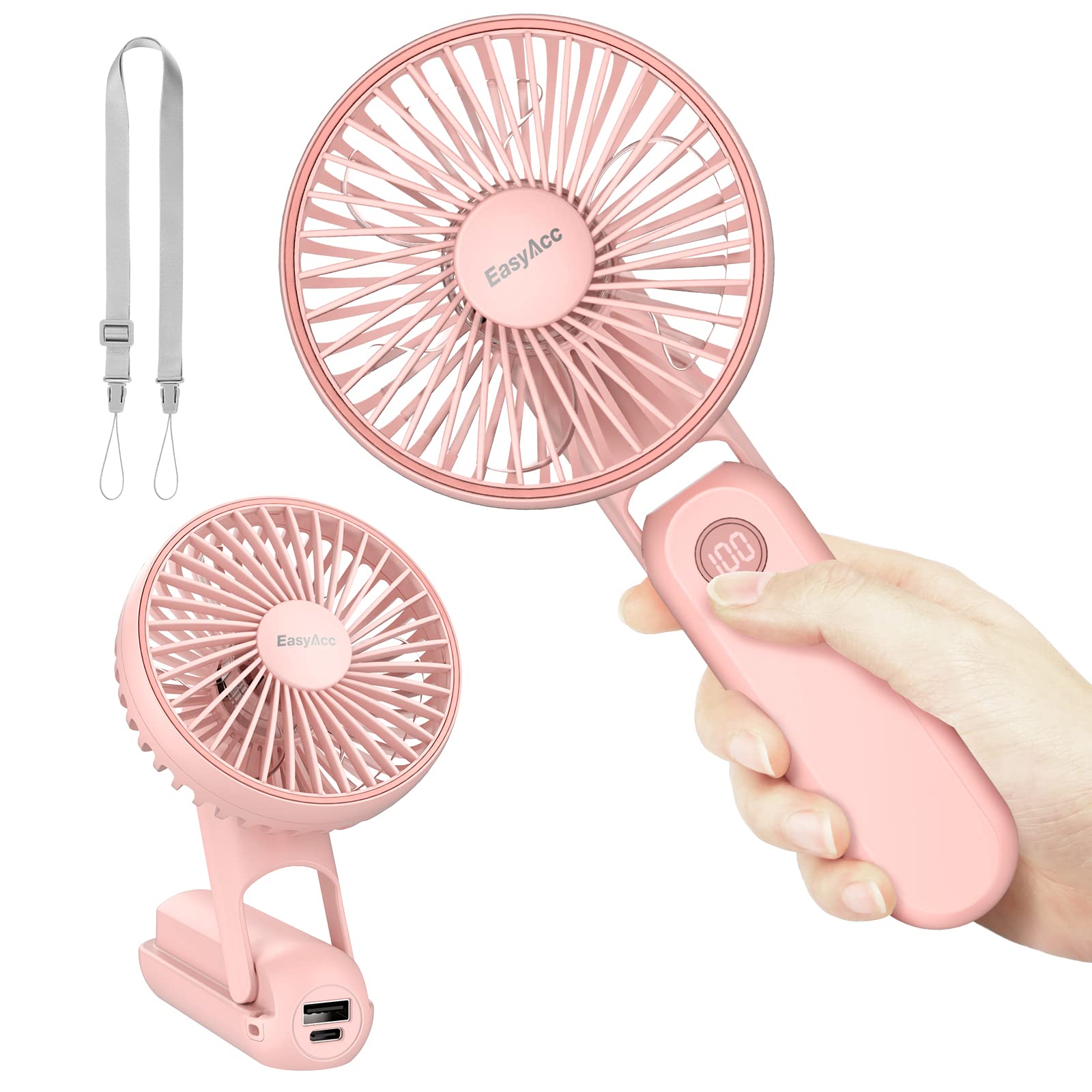 EasyAcc Portable Hand Held Fan, Ultra Quiet 5 Speed Personal Fan, LED Dispay USB C Rechargeable Handheld Fan, 180° Foldable Small Desk Fan, Electric Cooling Fan&PowerBank for Office Home Travel