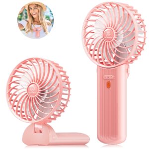 jzcreater mini handheld fan,portable hand held fan, 15h cooling fan, quiet 4 speed, usb rechargeable battery operated desk fan, small folding electric fan for travel outdoor home office makeup, pink