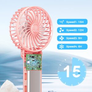 JZCreater Mini Handheld Fan,Portable Hand Held Fan, 15H Cooling Fan, Quiet 4 Speed, USB Rechargeable Battery Operated Desk Fan, Small Folding Electric Fan for Travel Outdoor Home Office Makeup, PINK