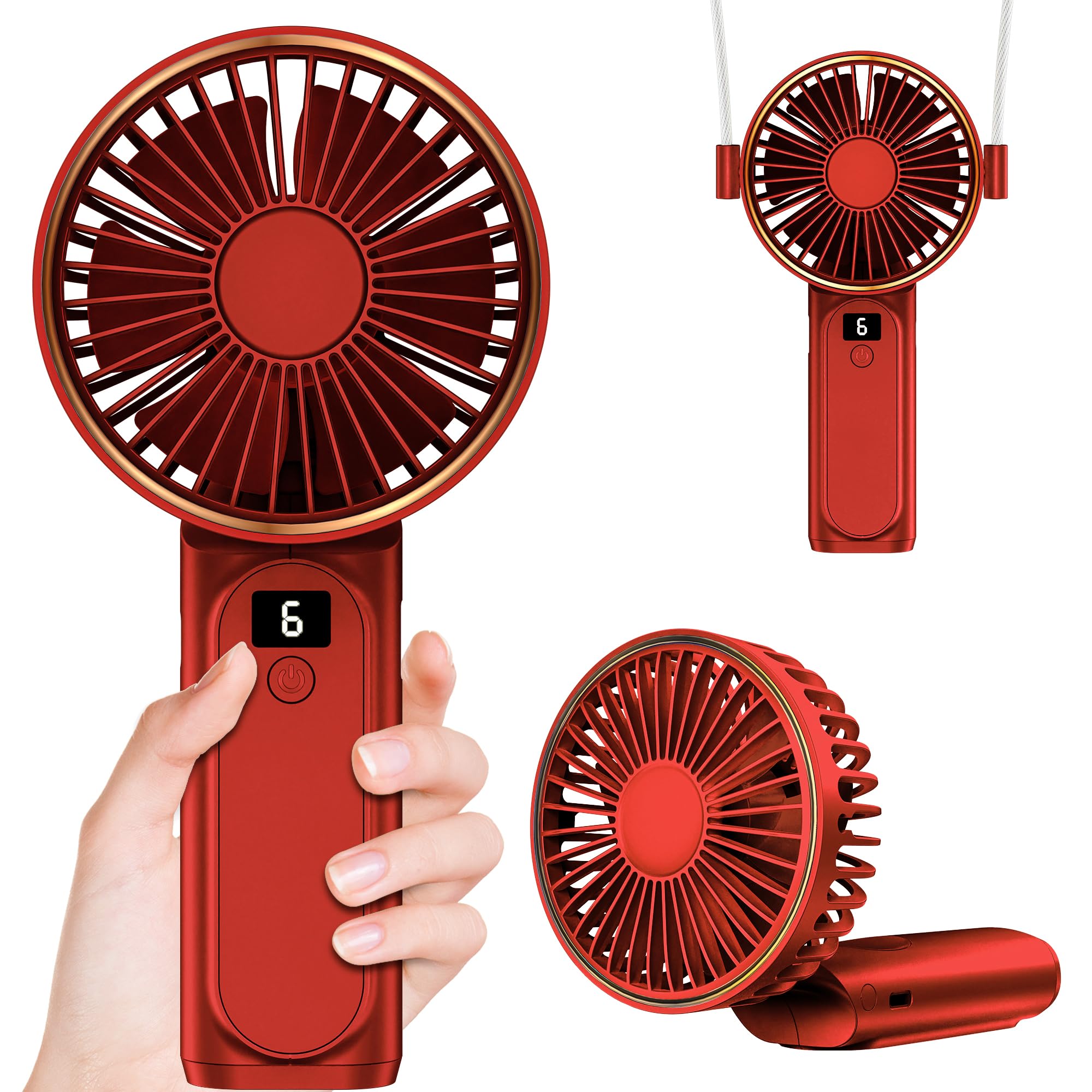 Handheld Fan, Portable Fan, 4000mAh USB Rechargeable Personal Fan, 180° Foldable Mini Desk Fan, 6 Wind Speed, LCD Digital Display, Lanyard as Neck Fan, Ultra Quiet, Pocket Size for Indoor Outdoor