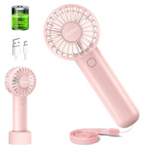 Coohea Mini Handheld Fan 4800mAh Battery Portable Fan USB Rechargeable Eyelash Fan 3 Speeds Wind Powerful Makeup Fan Cute Small Fan with Base & Lanyard for Hand Held Desk Travel Beach Office, Pink