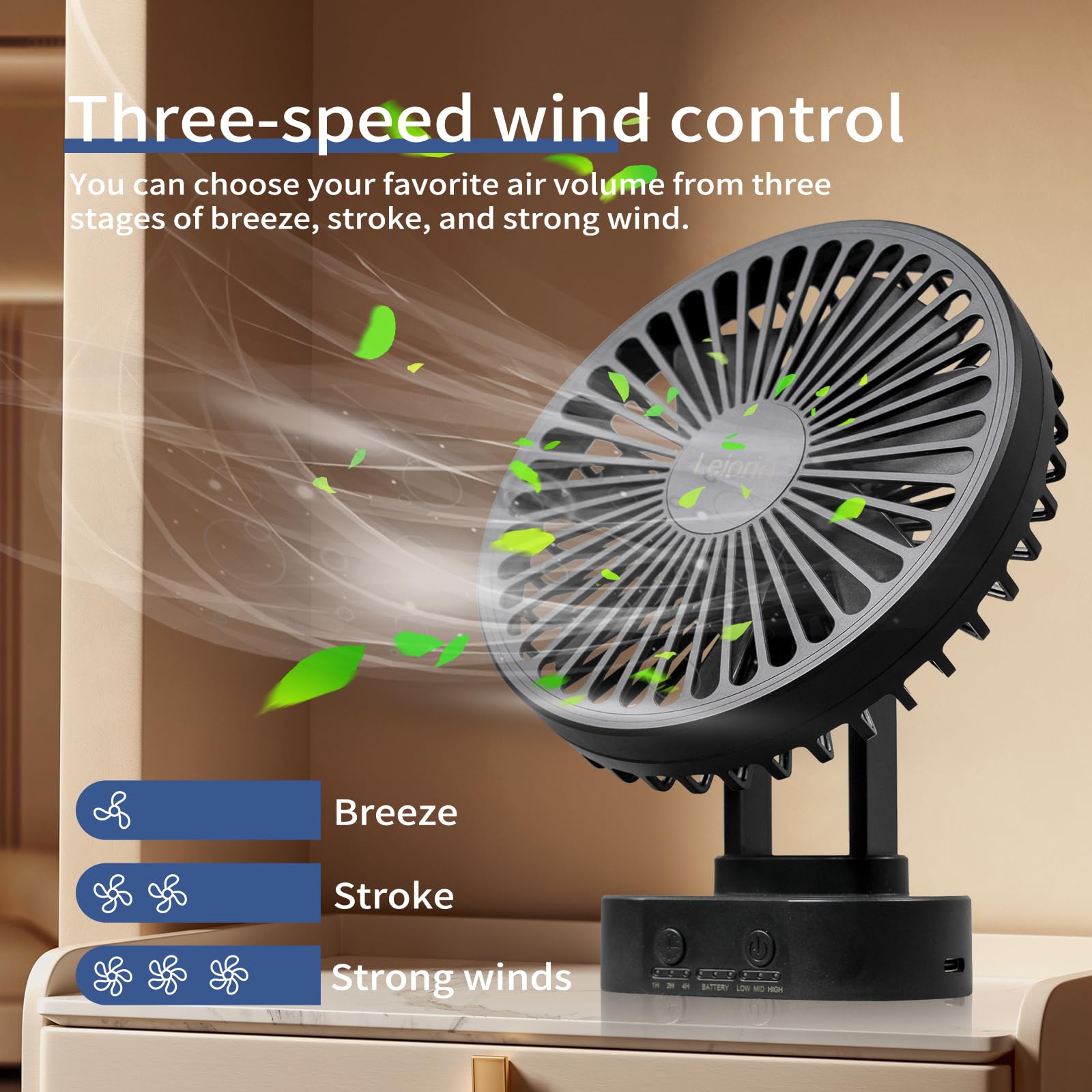 LEIORIO Small Fan Rechargeable,3 Speed Timable Desk Fan with 90° Head Rotation,Small Office Fan for Office,Portable Fan for Indoor,Outdoor,Travel,Energy Efficient Ultra Usage Time Quiet Fan