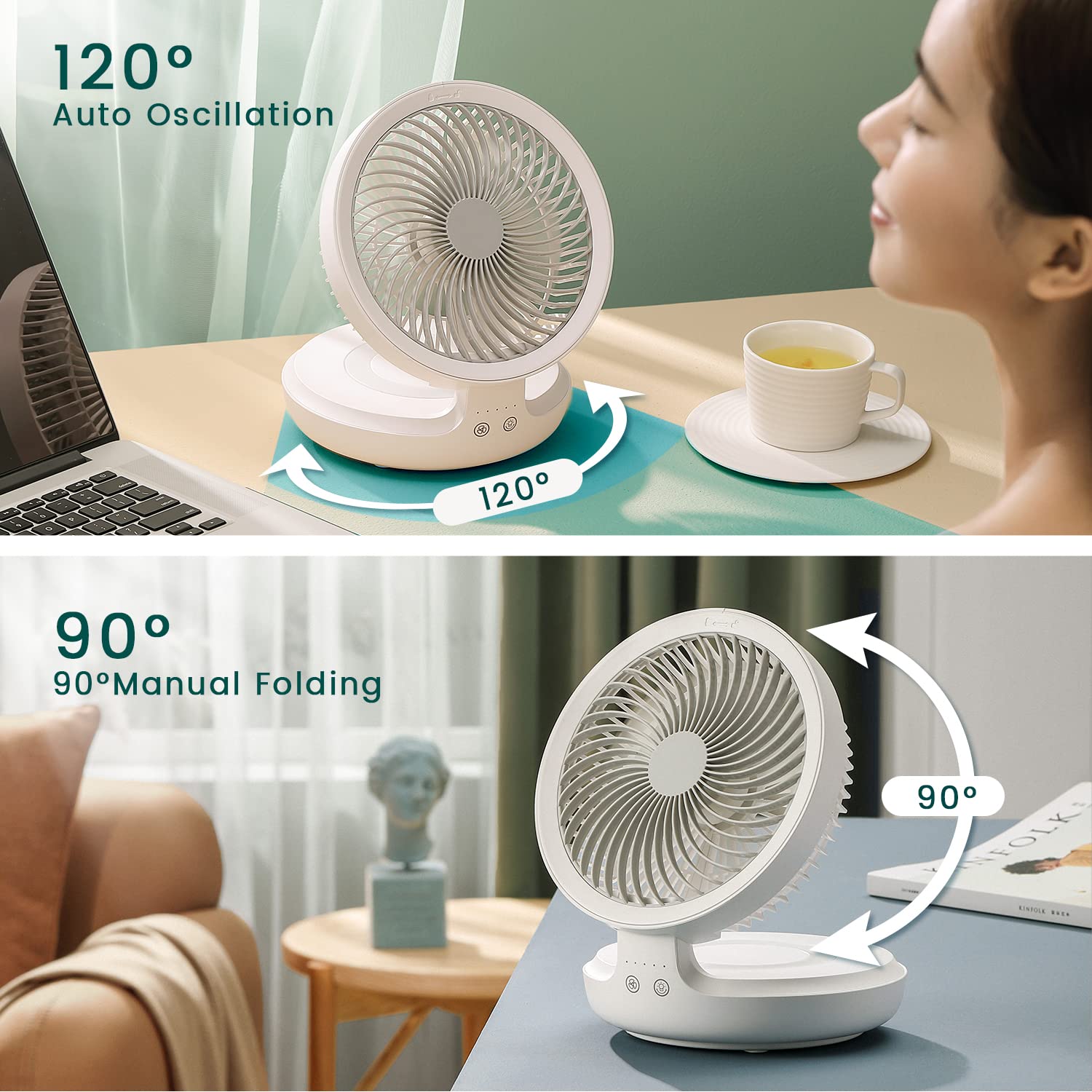 EDON Table Fan, Rechargeable Battery Operated Desk Fan with Auto Oscillation 90 Foldable Ultra Quiet 4 Speeds Light, Portable Air Circulator Fan with Hook, Wall Fan for Bedroom Home Desktop