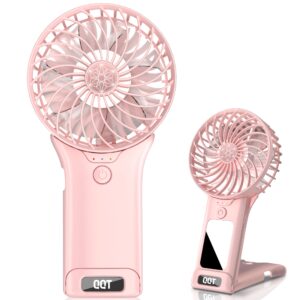 qqt mini handheld fan,4 speed adjustable portable battery operated fans,usb rechargeable desk fan with mirror,max 20 hrs hand fan for travel office outdoor women men (pink)