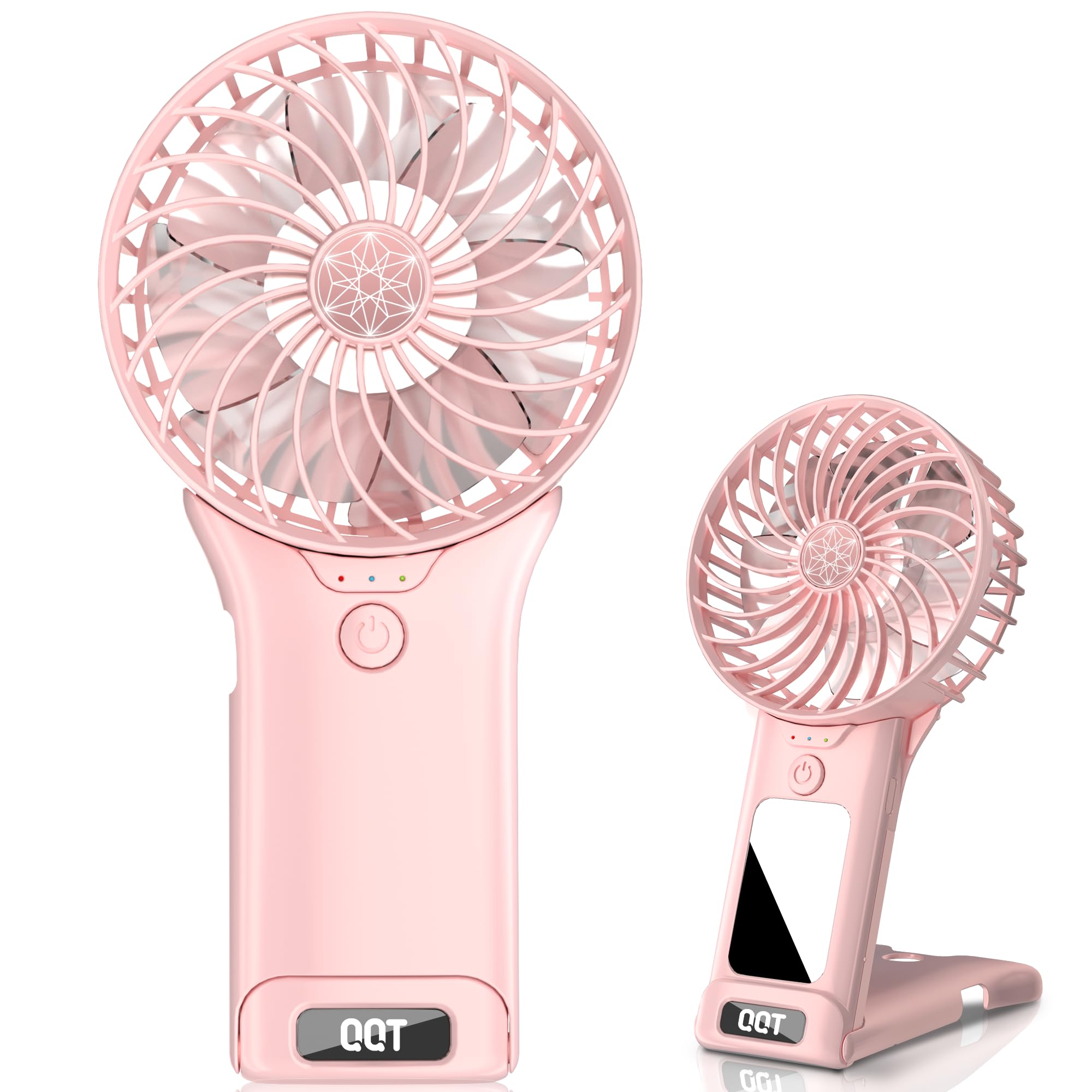 QQT Mini Handheld Fan,4 Speed Adjustable Portable Battery Operated Fans,USB Rechargeable Desk Fan with Mirror,Max 20 Hrs Hand Fan For Travel Office Outdoor Women Men (Pink)