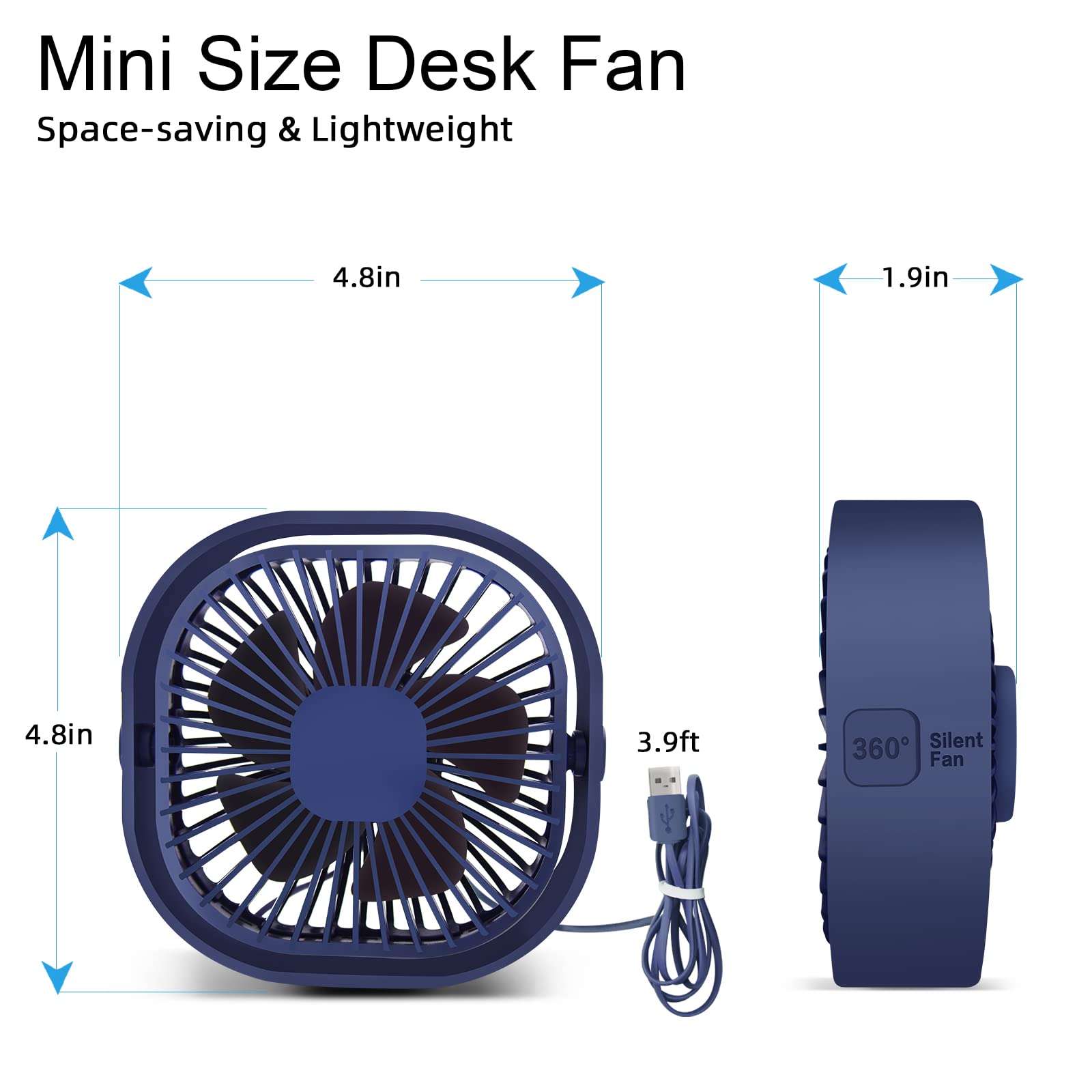 Desk Fan Portable Personal Desktop Mini Cooling Micro with Cable USB Powered 3 Speeds Quiet Small Table Fan for Home Office Study reading Bedroom Indoor Car Outdoor Travel (Blue)