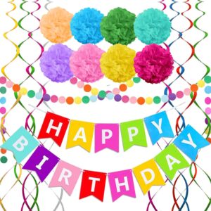 rainbow colorful birthday decorations, happy birthday banner with pom poms paper circle garland swirl streamers for girls women party supplies