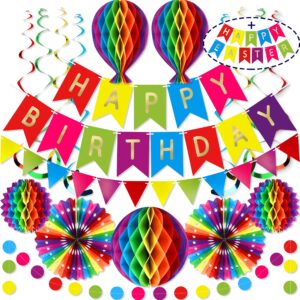 premium reusable birthday party decorations - birthday decoration set - happy birthday banner, honeycomb decorations, streamers, paper garland