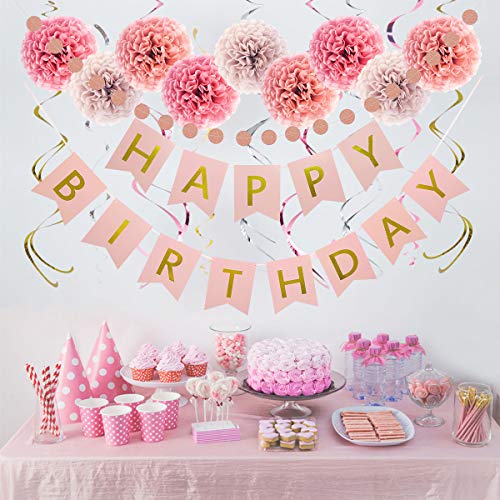 LITAUS Rose Gold Birthday Decorations - Pack of 20 | Happy Birthday Banner, Tissue Paper, Swirls, Garland | Happy Birthday Decorations | Birthday Decorations for Women | Birthday Party Decorations