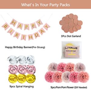 LITAUS Rose Gold Birthday Decorations - Pack of 20 | Happy Birthday Banner, Tissue Paper, Swirls, Garland | Happy Birthday Decorations | Birthday Decorations for Women | Birthday Party Decorations