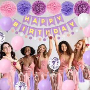 Purple Pink Birthday Party Decorations for Women Girls with Happy Birthday Banner,Hanging Swirls,Tissue Paper Pompoms,Circle Dots Garland,Tassel Garland Purple Birthday Balloons (Purple)