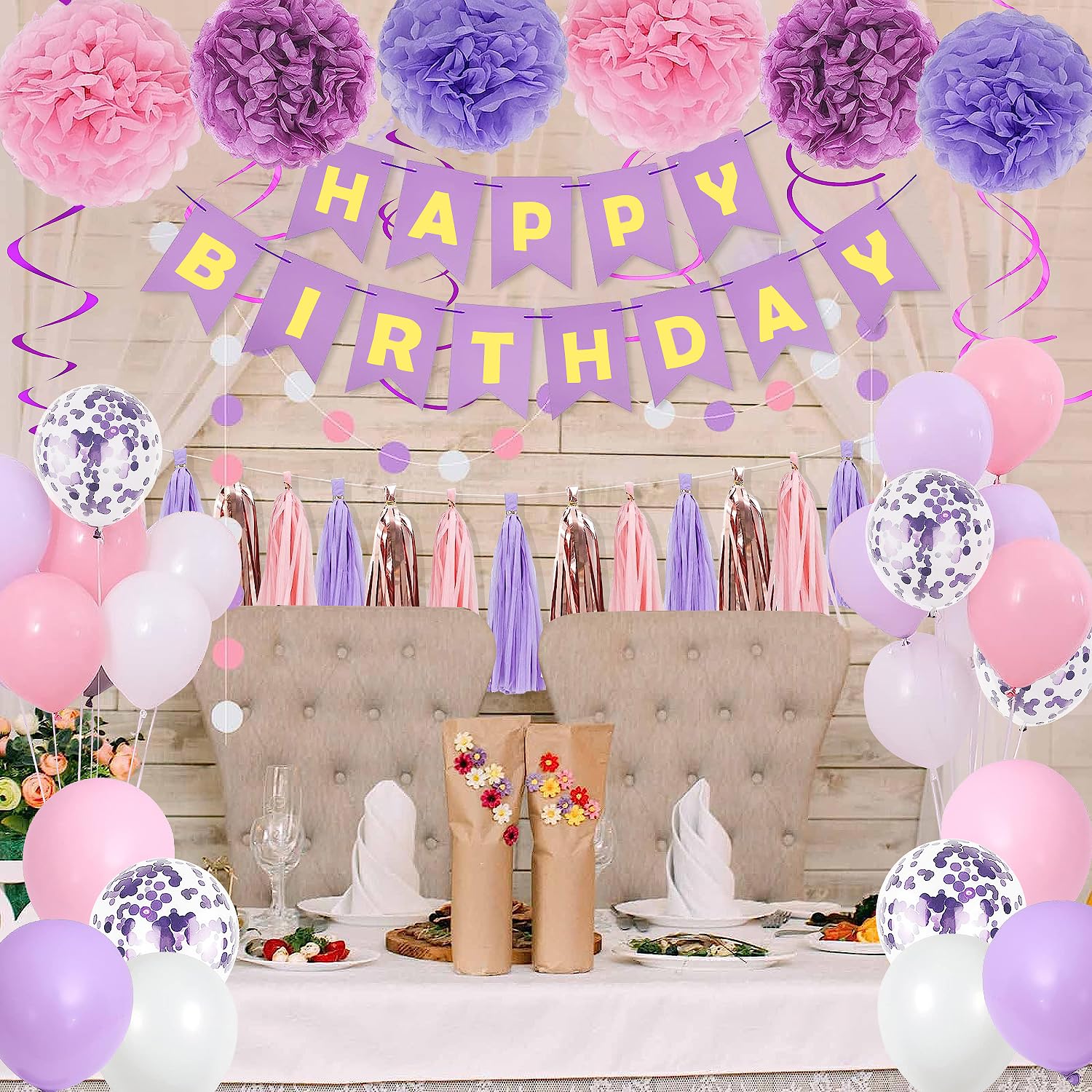 Purple Pink Birthday Party Decorations for Women Girls with Happy Birthday Banner,Hanging Swirls,Tissue Paper Pompoms,Circle Dots Garland,Tassel Garland Purple Birthday Balloons (Purple)