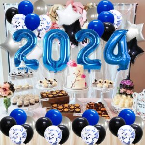 Graduation Decorations Class of 2024 Party Balloons, New Years Eve Party Supplies, 40in 2024 Foil Balloons, Latex Balloons for Birthday Wedding Prom Night Anniversary Bachelorette (Navy Blue Black)