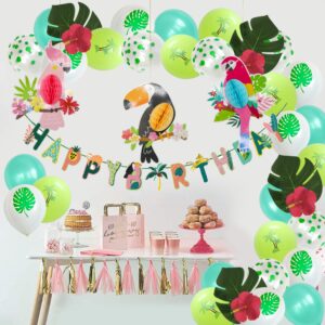 ADLKGG Hawaiian Birthday Party Decorations for Kids, Tropical Birds Parrot Toucan Honeycomb Paper Cutouts, Luau Happy Birthday Banner Palm Leaves Hibiscus Flowers Balloons for Summer Aloha Party