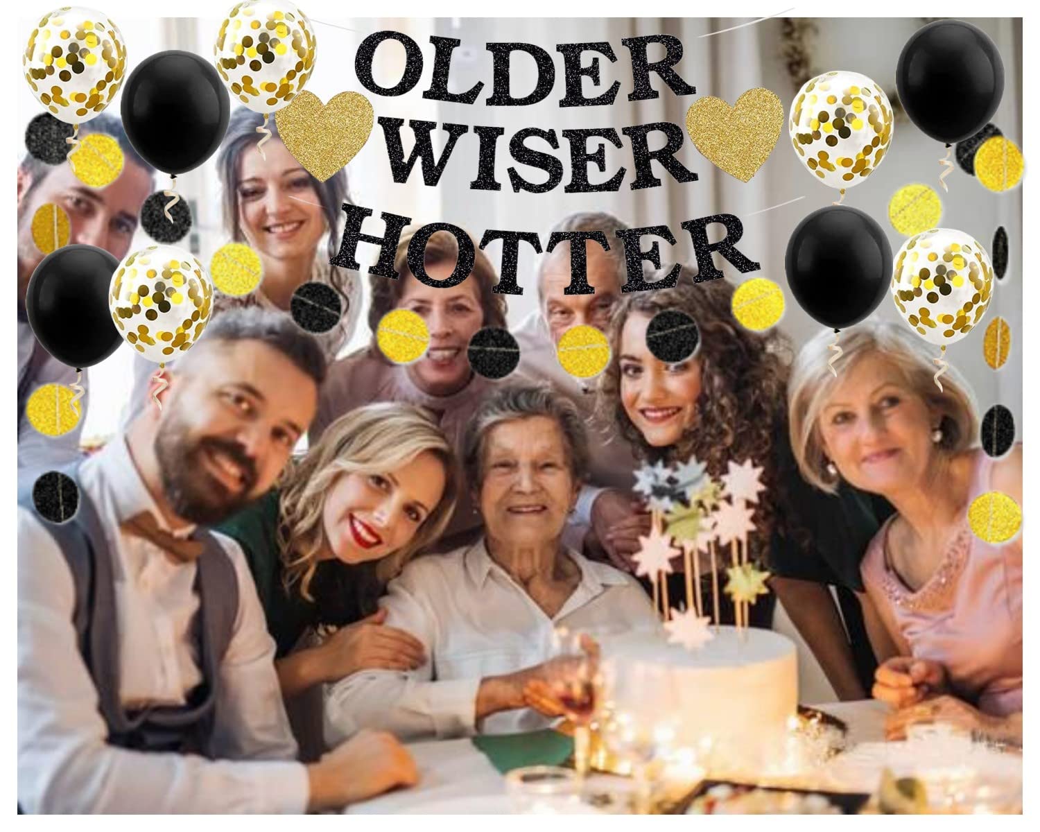 OLDER WISER HOTTER Banner Funny Birthday Party Decoration Supplies Glitter Hanging Garland Kit 10pcs Balloons Bunting 30th 40th 50h 60th 70th 80th Birthday Party Photobooth Backdrop Adult Black Gold