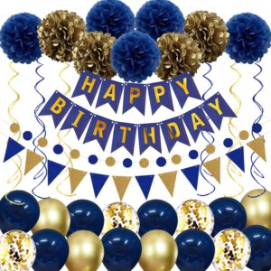 navy blue gold birthday decorations, birthday party supplies for men women boys girls with happy birthday banner, tissue paper flowers pom pom, pennant and circle dot string, latex confetti balloons