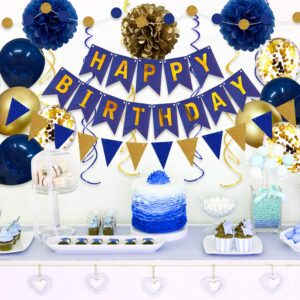 Navy Blue Gold Birthday Decorations, Birthday Party Supplies for Men Women Boys Girls with HAPPY BIRTHDAY Banner, Tissue Paper Flowers Pom Pom, Pennant and Circle Dot String, Latex Confetti Balloons