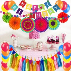 ZERODECO Birthday Party Decoration, Multi-Colored Happy Birthday Banner with Paper Fans Garland String Triangle Bunting Flag Tissue Tassel and Balloon for Bday Party Supplies Anniversary Decoration