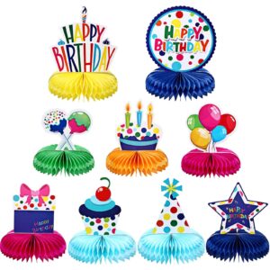 Frienda 9 Pieces Colorful Happy Birthday Decorations Rainbow Honeycomb Balls Centerpieces Table Topper Birthday Pom Poms for Kids Birthday Party Baby Shower