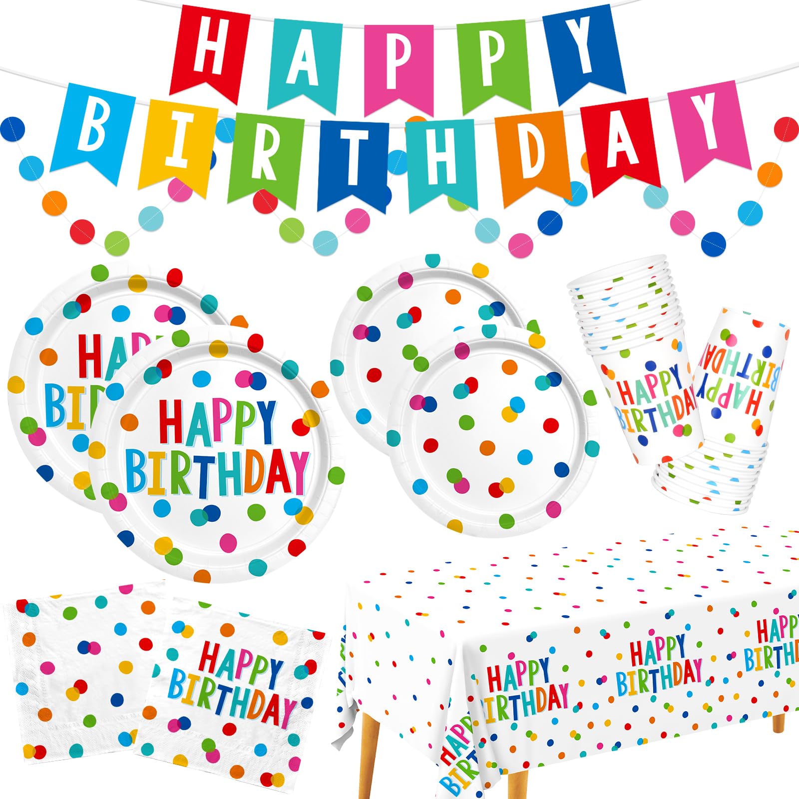 Happy Birthday Decorations: Happy Birthday Party Supplies Set with Birthday Dots Design- Includes Disposable Paper Birthday Plates and Napkins, Cups, Tablecloth, and Banner for Boys/Girls, Serves 25.