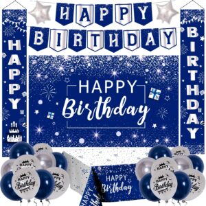 Birthday Decorations for Men Women,Navy Blue Happy Birthday Door Banner,Birthday Backdrop Banner Decoration,Birthday Porch Sign with Latex Balloons,Tablecloth,Birthday Party Supplies for Boys Girls