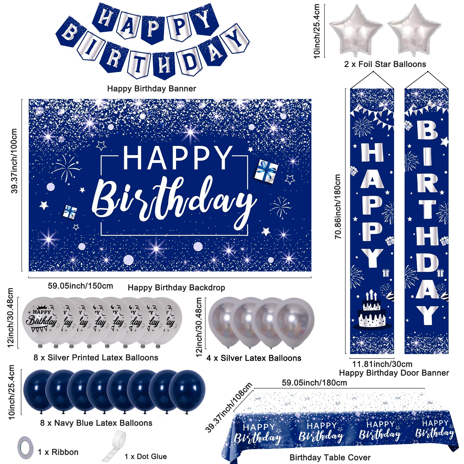 Birthday Decorations for Men Women,Navy Blue Happy Birthday Door Banner,Birthday Backdrop Banner Decoration,Birthday Porch Sign with Latex Balloons,Tablecloth,Birthday Party Supplies for Boys Girls