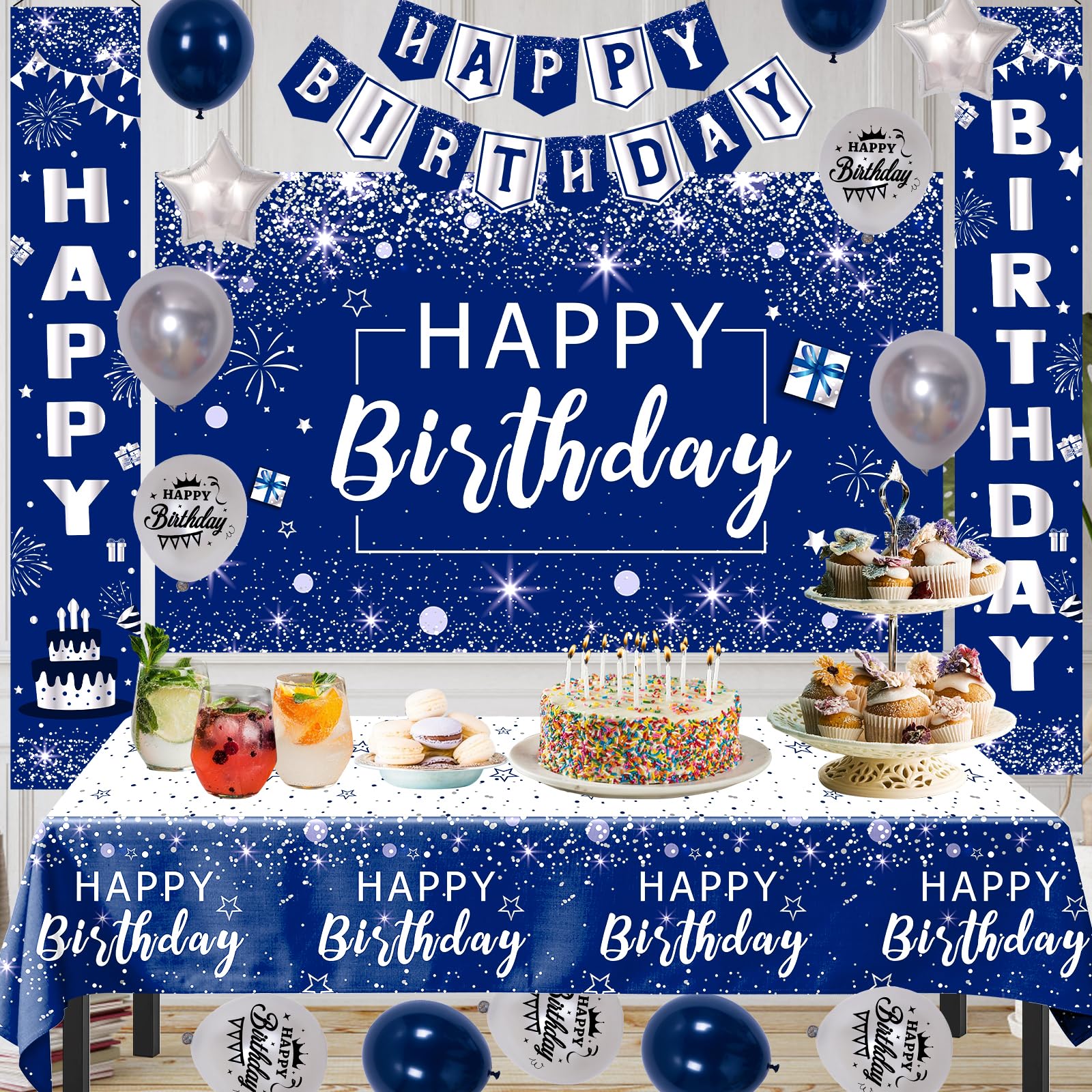 Birthday Decorations for Men Women,Navy Blue Happy Birthday Door Banner,Birthday Backdrop Banner Decoration,Birthday Porch Sign with Latex Balloons,Tablecloth,Birthday Party Supplies for Boys Girls