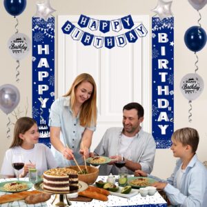 Birthday Decorations for Men Women,Navy Blue Happy Birthday Door Banner,Birthday Backdrop Banner Decoration,Birthday Porch Sign with Latex Balloons,Tablecloth,Birthday Party Supplies for Boys Girls