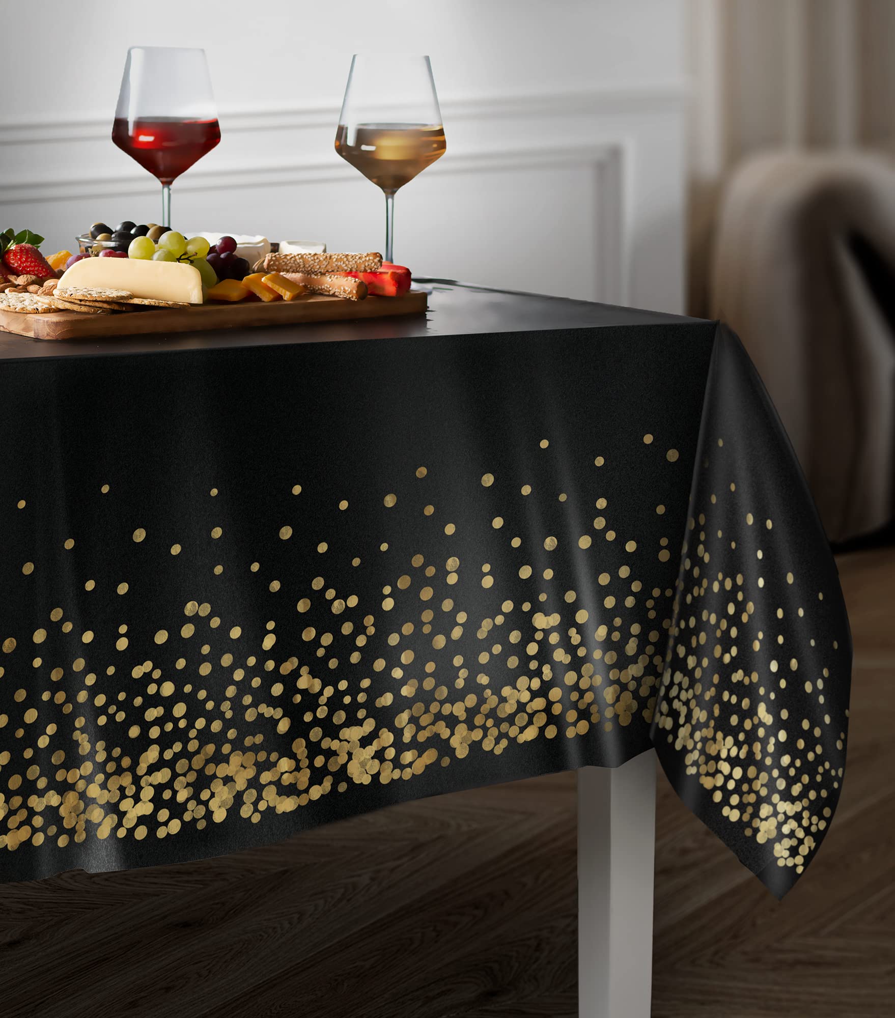 Prestee Black and Gold Table Cloths for Parties, 4pk, 54"x108" - Gold Dot Plastic Tablecloths, Black Tablecloth, Black and Gold Party Decorations, Paper Tablecloth for BBQ, Party, Fine Dining, Wedding