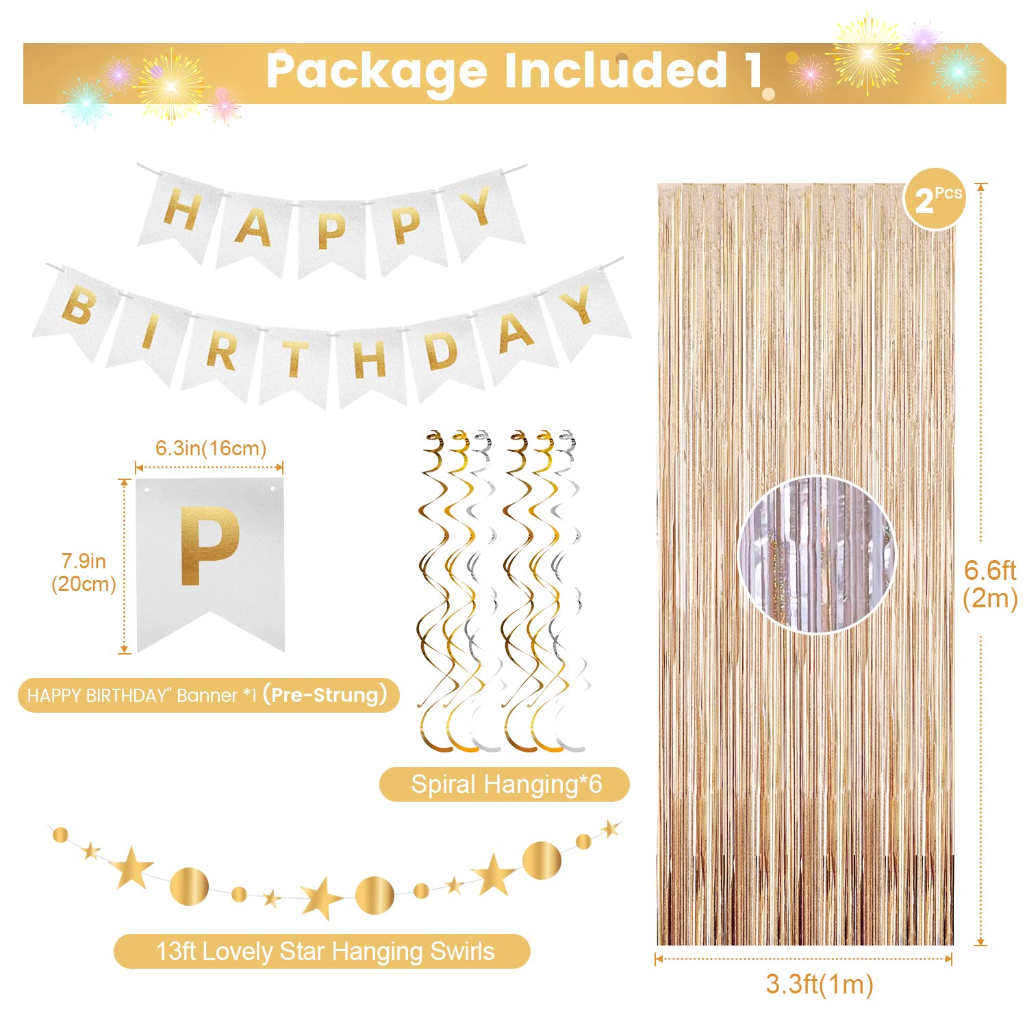 Gold Birthday Decorations - for Women Men Girls Boys,Gold White Party Decorations Set With Birthday Banner(Pre-Strung),Gold Foil Curtains,Gold White Confetti Balloons,Star Garland and Hanging Swirls.