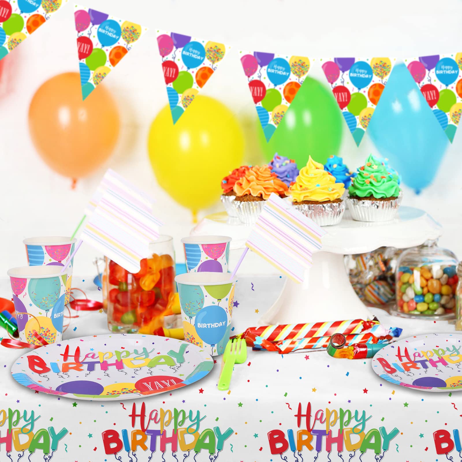 Birthday Party Supplies Disposable Paper Plates Napkins Cups Tablecloth and Banner for Kid’s Birthday Party Decorations, Serve 25