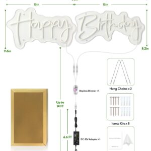 30x8 Inch Happy Birthday LED Neon Sign for Backdrop Decor, Happy Birthday Light Up Sign Adjustable with Stepless Dimmer, 12v Adapter and Hanging Chains for Birthday Party Decoration (Warm White)