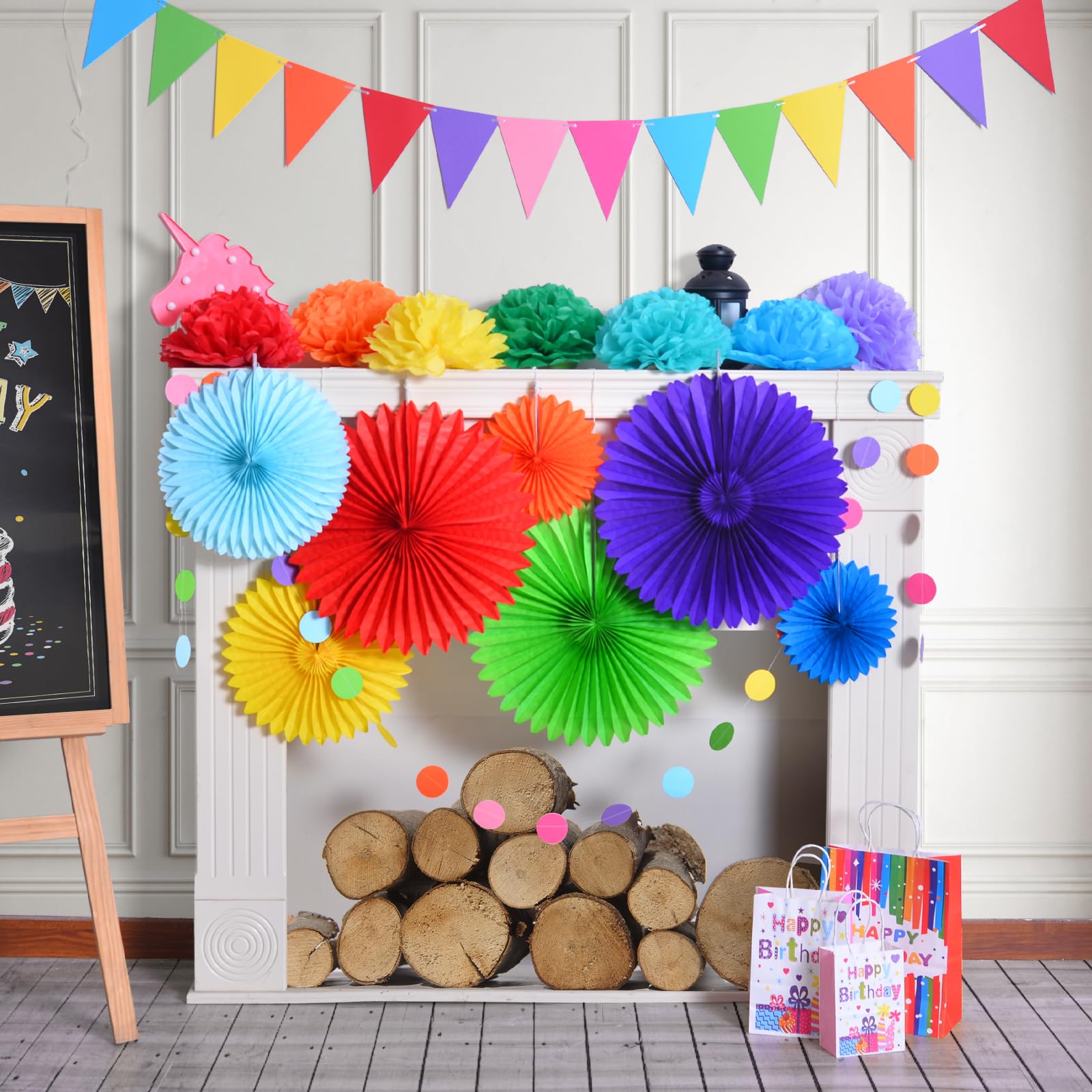 LOLStar Birthday Decorations, Rainbow Party Poms Decorations for Women and Girls, 17pcs Include Happy Birthday Banner, Colorful Paper Honeycomb Poms, Circle Dots Hanging Decorations, Paper Fans