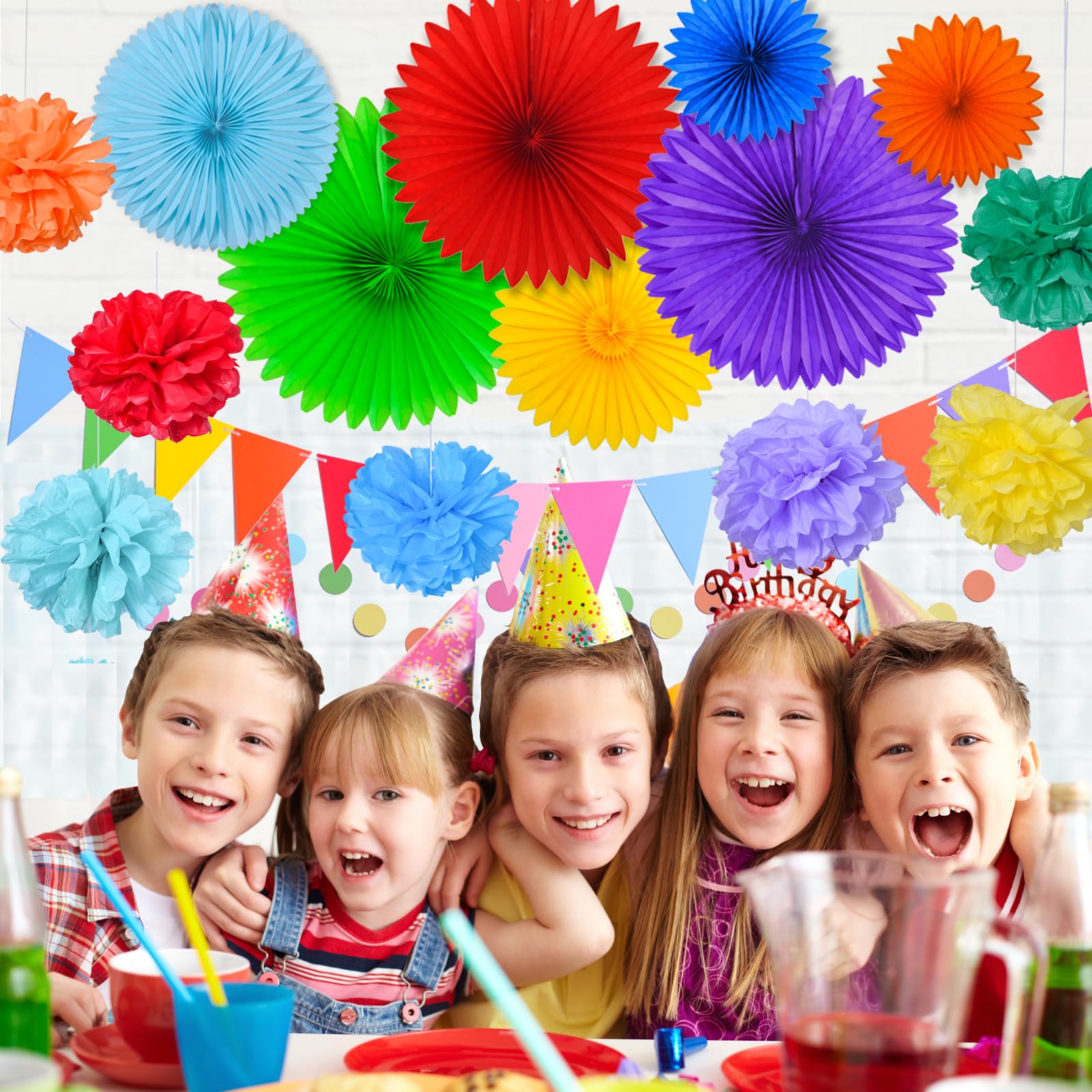 LOLStar Birthday Decorations, Rainbow Party Poms Decorations for Women and Girls, 17pcs Include Happy Birthday Banner, Colorful Paper Honeycomb Poms, Circle Dots Hanging Decorations, Paper Fans