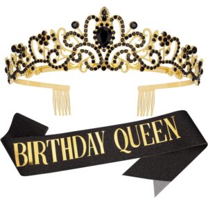 birthday decorations for women, black and gold party decorations, birthday gift for women, birthday stuff for women, happy birthday crown tiara birthday sash, birthday party supplies women