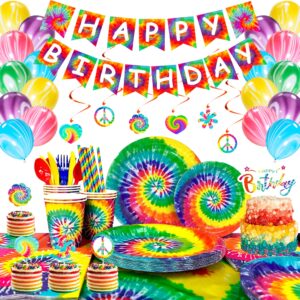 Tie Dye Birthday Party Supplies,175pcs Tie-Dye Party Tableware Set-Tie Dye Party Plates Cups Napkins Tablecloth Banner Balloon Hanging Swirl Cake Topper etc Tie Dye Birthday Decorations for Girls/Boys