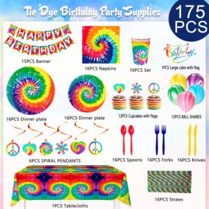 Tie Dye Birthday Party Supplies,175pcs Tie-Dye Party Tableware Set-Tie Dye Party Plates Cups Napkins Tablecloth Banner Balloon Hanging Swirl Cake Topper etc Tie Dye Birthday Decorations for Girls/Boys