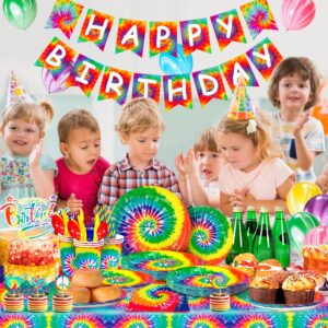 Tie Dye Birthday Party Supplies,175pcs Tie-Dye Party Tableware Set-Tie Dye Party Plates Cups Napkins Tablecloth Banner Balloon Hanging Swirl Cake Topper etc Tie Dye Birthday Decorations for Girls/Boys