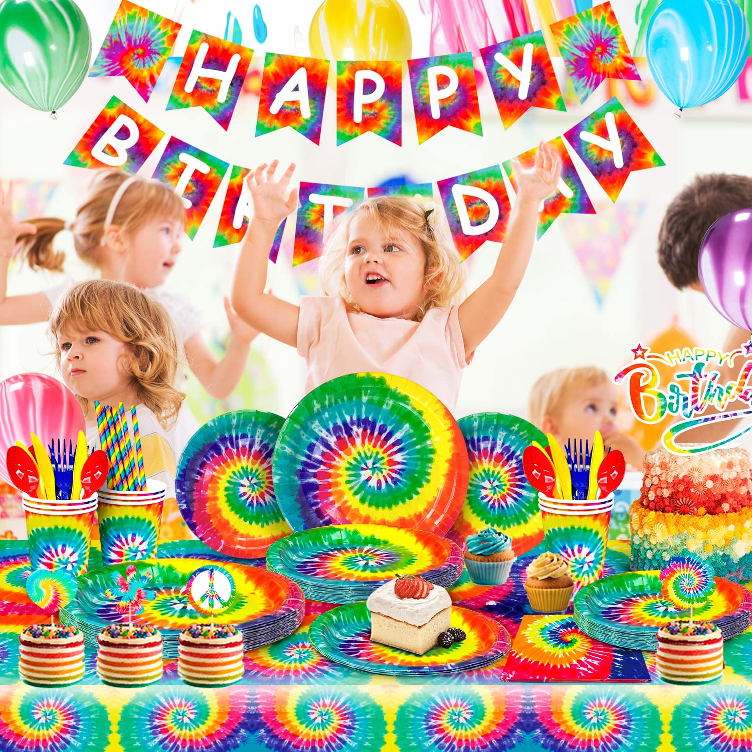 Tie Dye Birthday Party Supplies,175pcs Tie-Dye Party Tableware Set-Tie Dye Party Plates Cups Napkins Tablecloth Banner Balloon Hanging Swirl Cake Topper etc Tie Dye Birthday Decorations for Girls/Boys