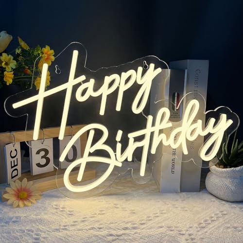 Happy Birthday Neon Sign for Wall Decor, Warm White LED Neon Light Signs, Art Decoration Happy Birthday Neon Light Sign for All Birthday Party Decoration 17×12 Inch