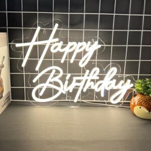 Happy Birthday Neon Sign for Wall Decor, Warm White LED Neon Light Signs, Art Decoration Happy Birthday Neon Light Sign for All Birthday Party Decoration 17×12 Inch